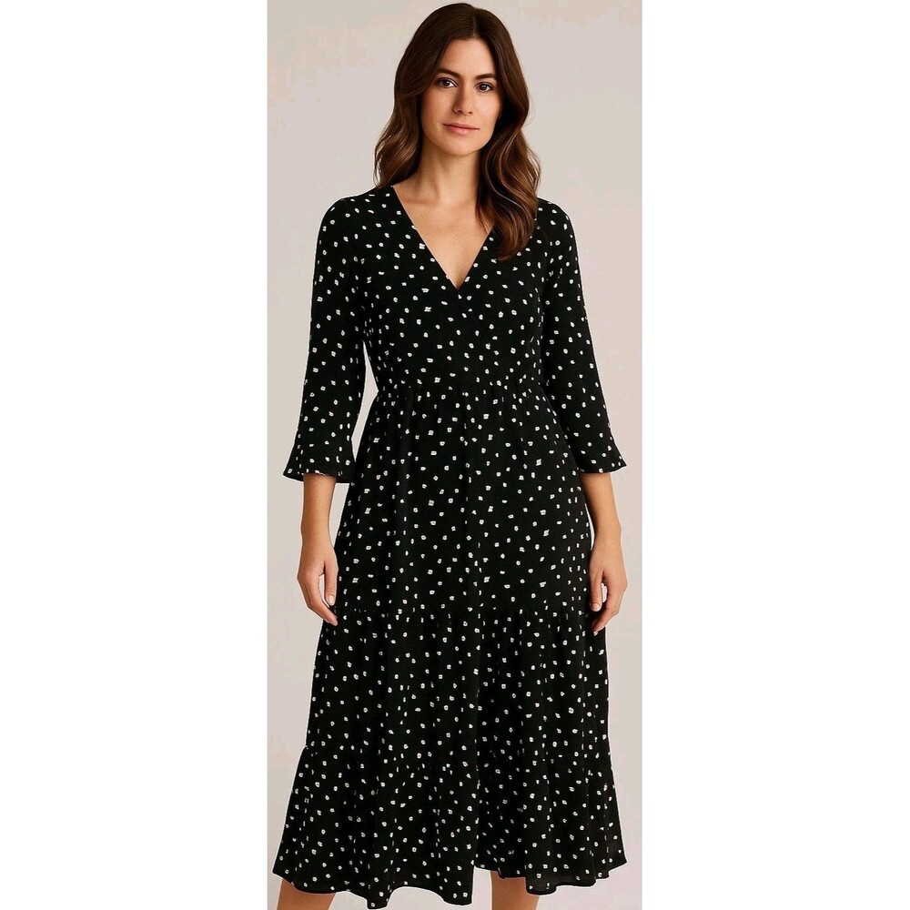 Very J Black Retro Midi Dress Sz L NWT Ruffled Sleeves Hem Empire Waist V Neck